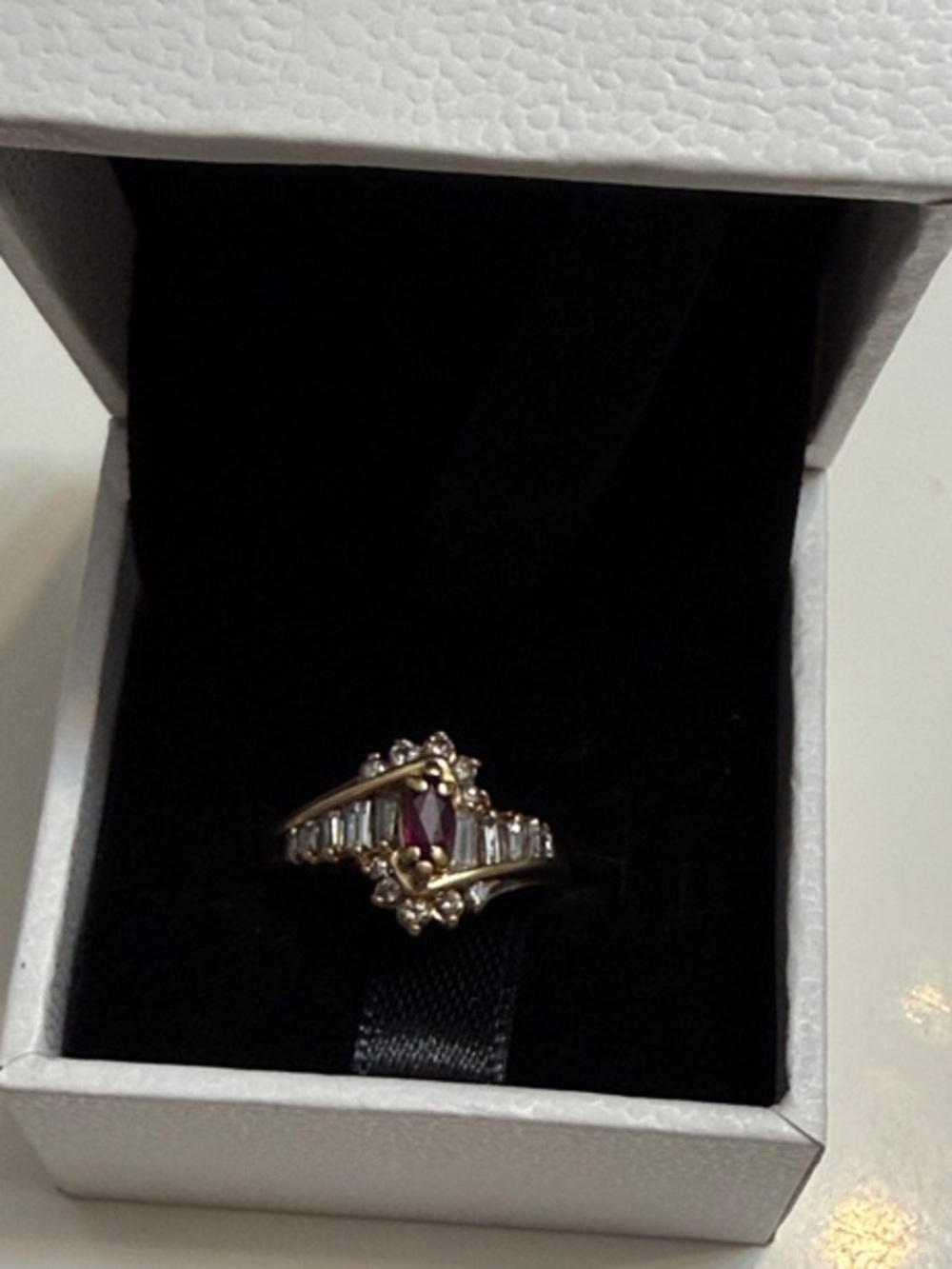 Magic Glo 14KT Gold Ring with Ruby Center Stone and Accent Baguette Diamonds